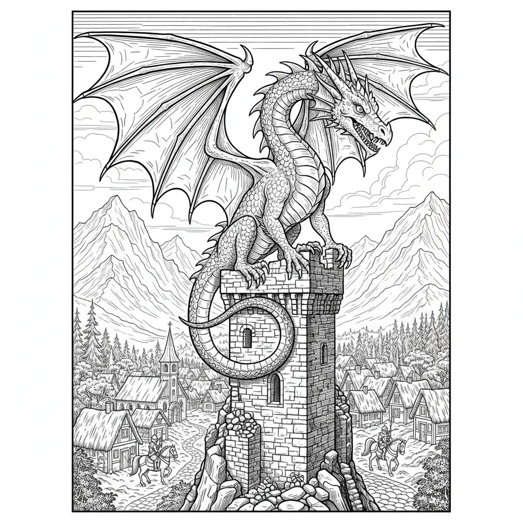 coloring page of a realistic dragon perched on a medieval tower