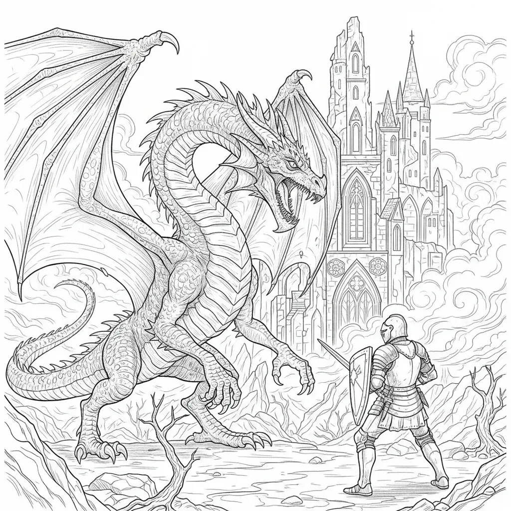 coloring page of a realistic dragon facing off a medieval warrior
