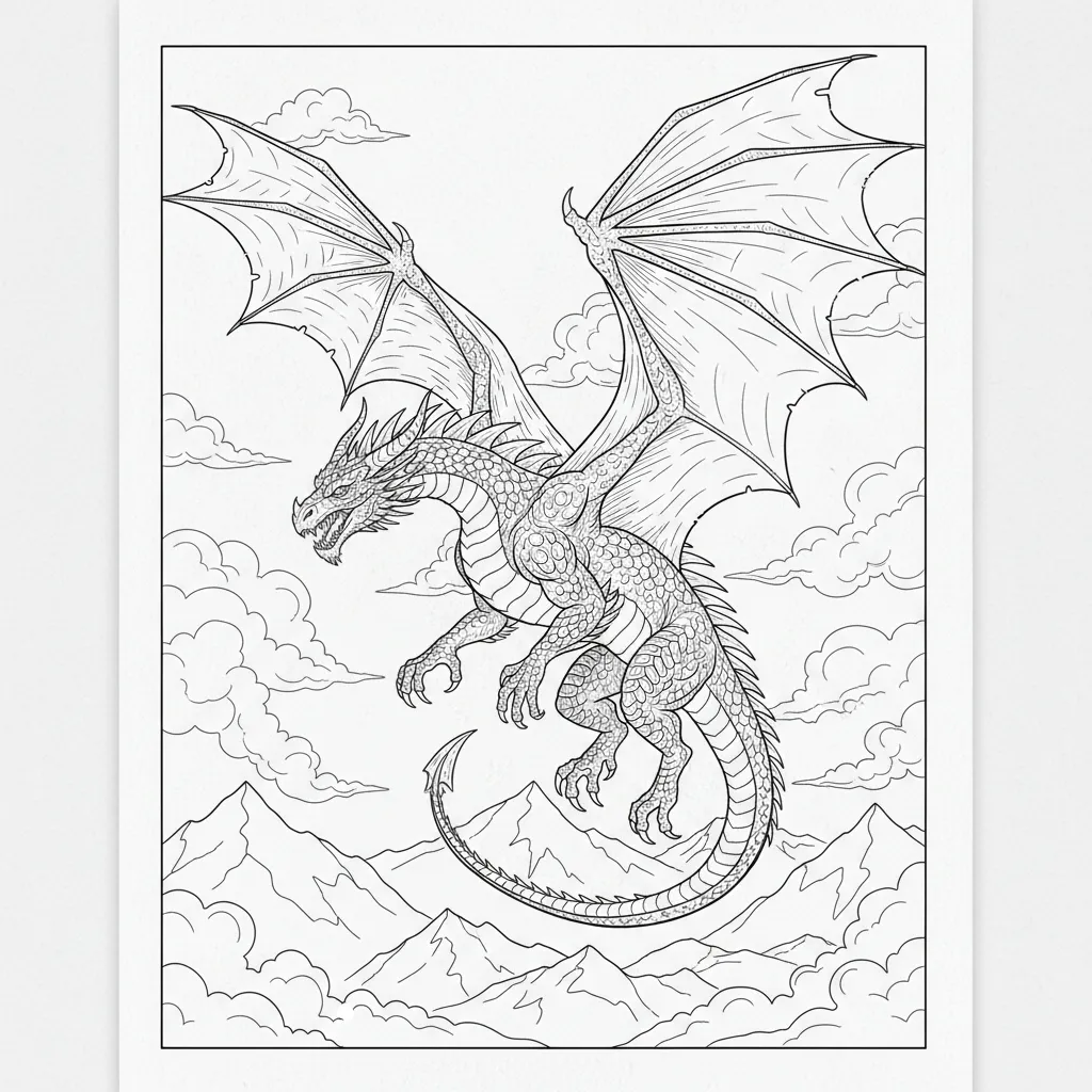 coloring page of a realistic dragon flying