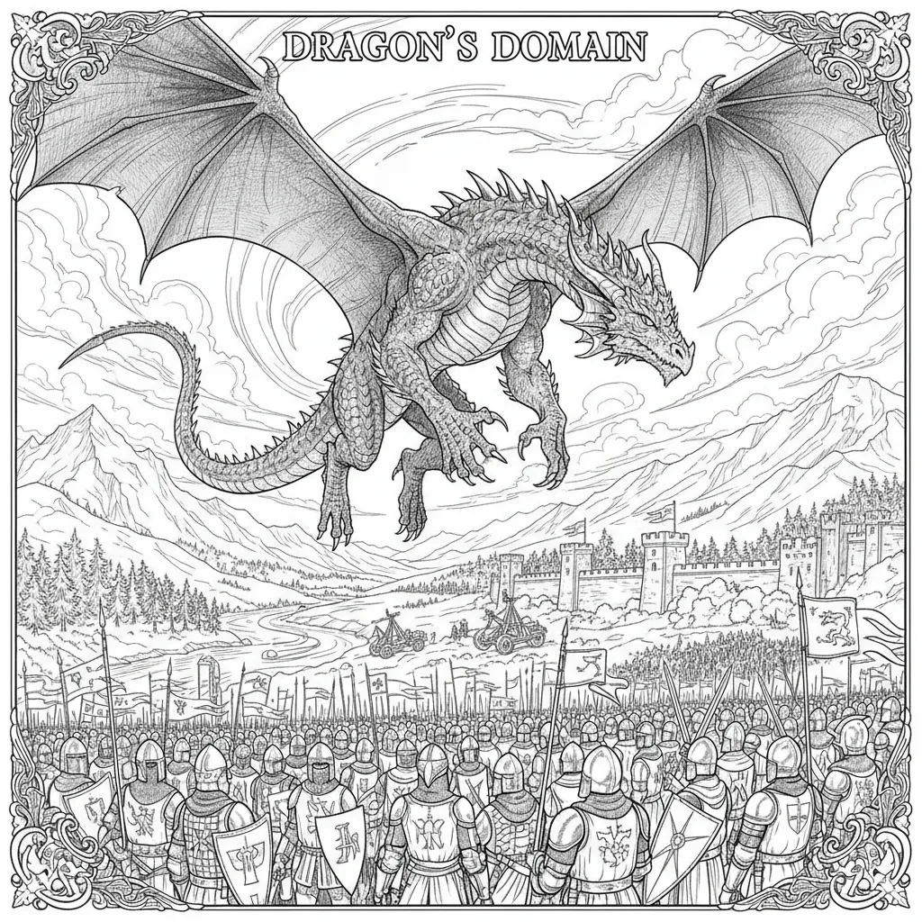 coloring page of a realistic dragon flying over an army with the words dragon's domain