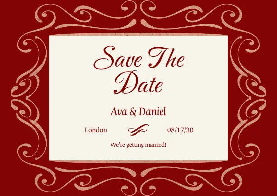 save the date card template in red with a decorative border