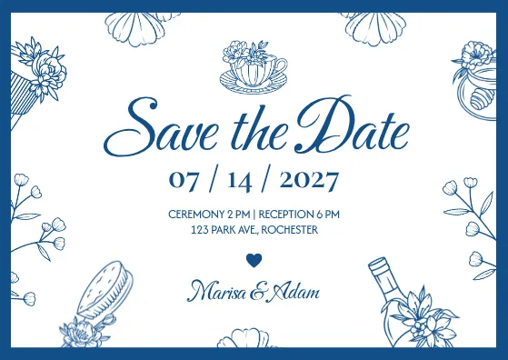 save the date card template with simple wedding themed illustrations at the border and blue font
