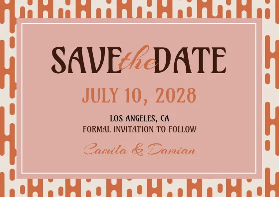 save the date card template with orange designs at the border and dustry pink background