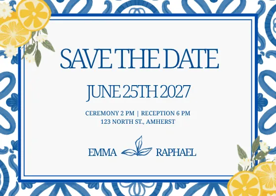 save the date card template with blue font and border detailing and lemons and flowers in the corners