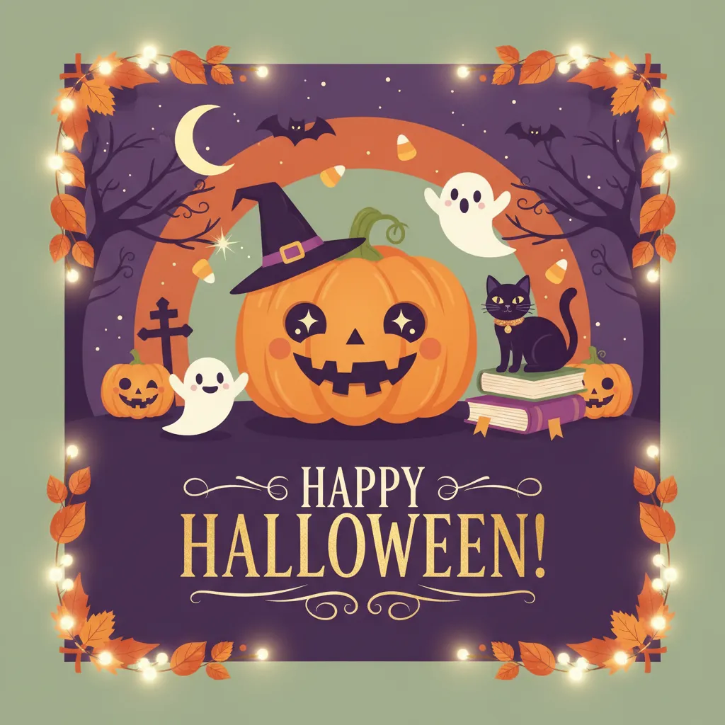 cute halloween card that depicts jack o lanterns, cute ghosts, and a a black cat characters and the words happy halloween.
