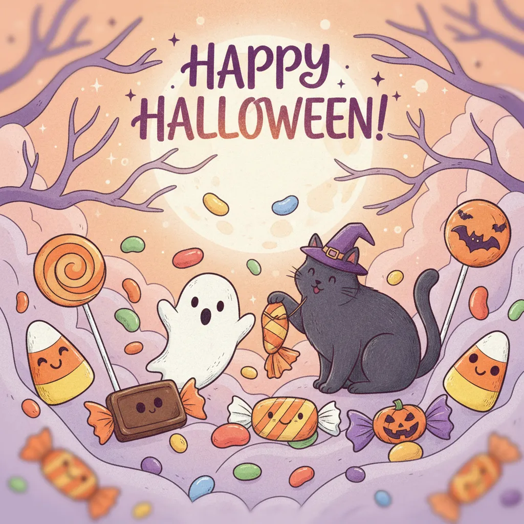 cute halloween candy theme card that depicts cute ghosts, and black cats and the words happy halloween.
