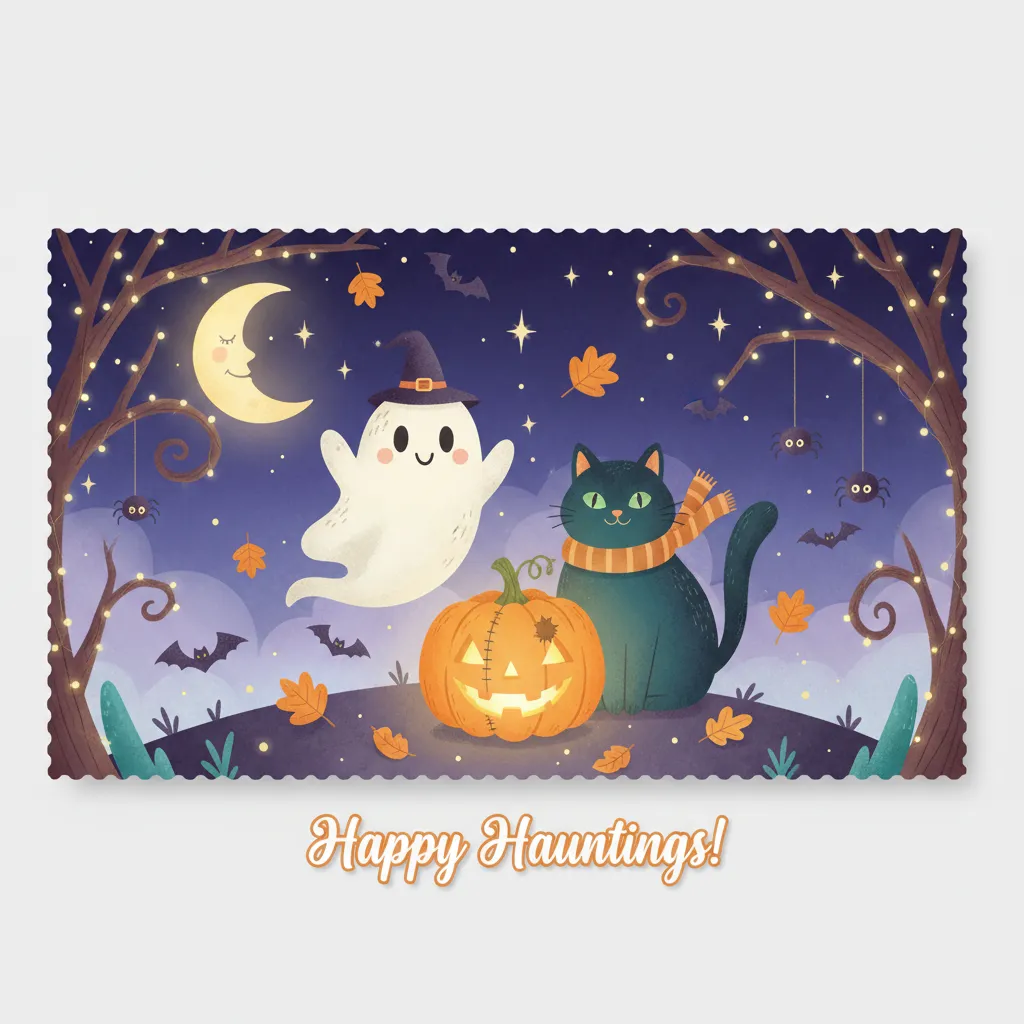cute halloween card that depicts jack o lanterns, cute ghosts, and a black cat and the words happy hauntings