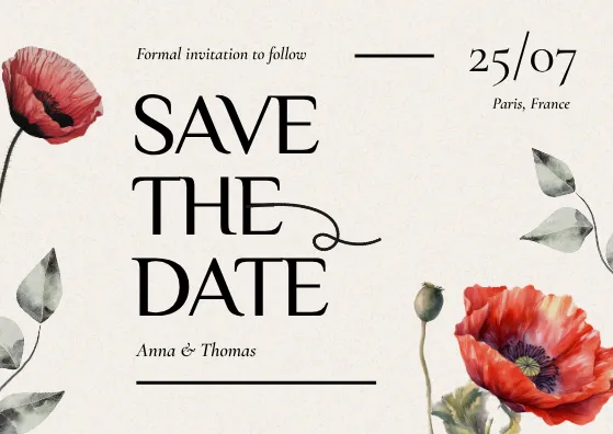 save the date card template with poppy watercolor illustrations