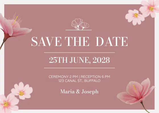 save the date card template with pink watercolor flower illustrations and dusty pink background color