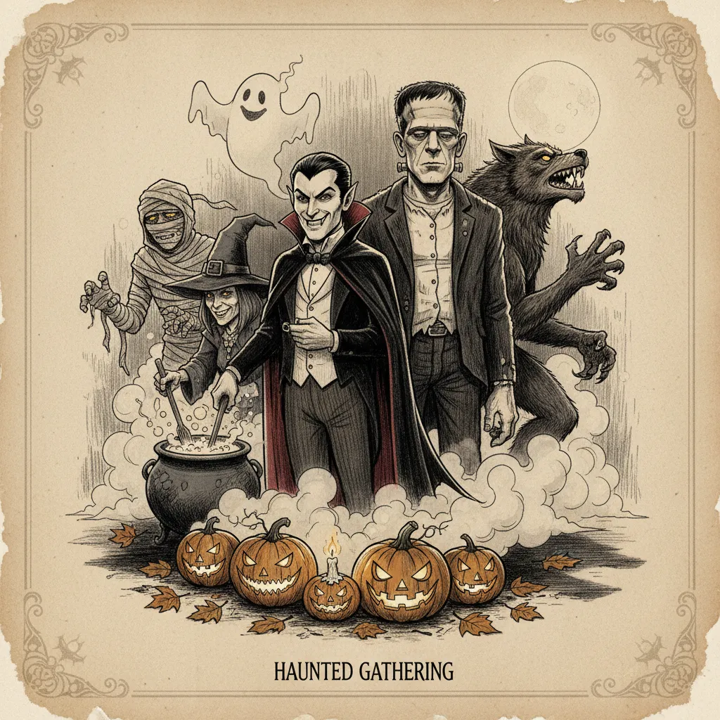 halloween card featuring classic halloween characters and the words haunted gathering.