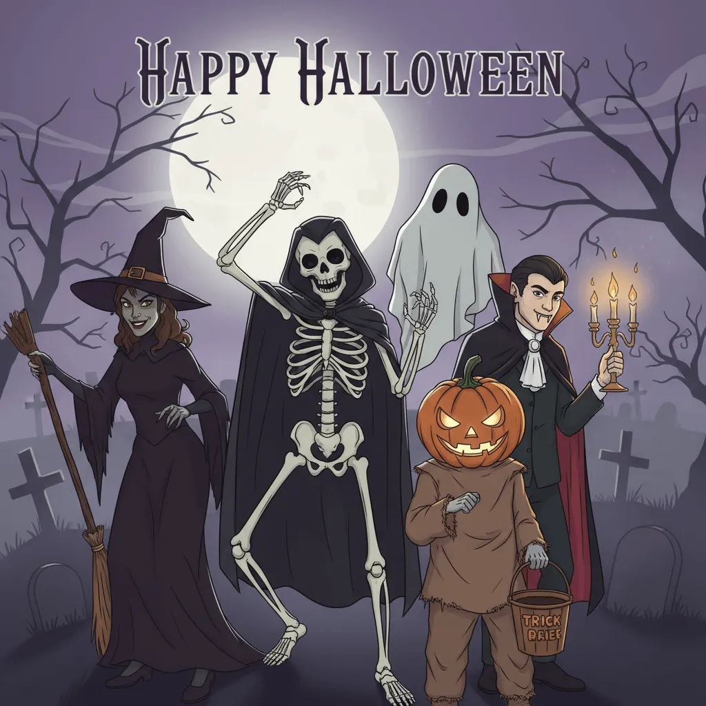 a halloween card featuring classic halloween characters with the words happy halloween