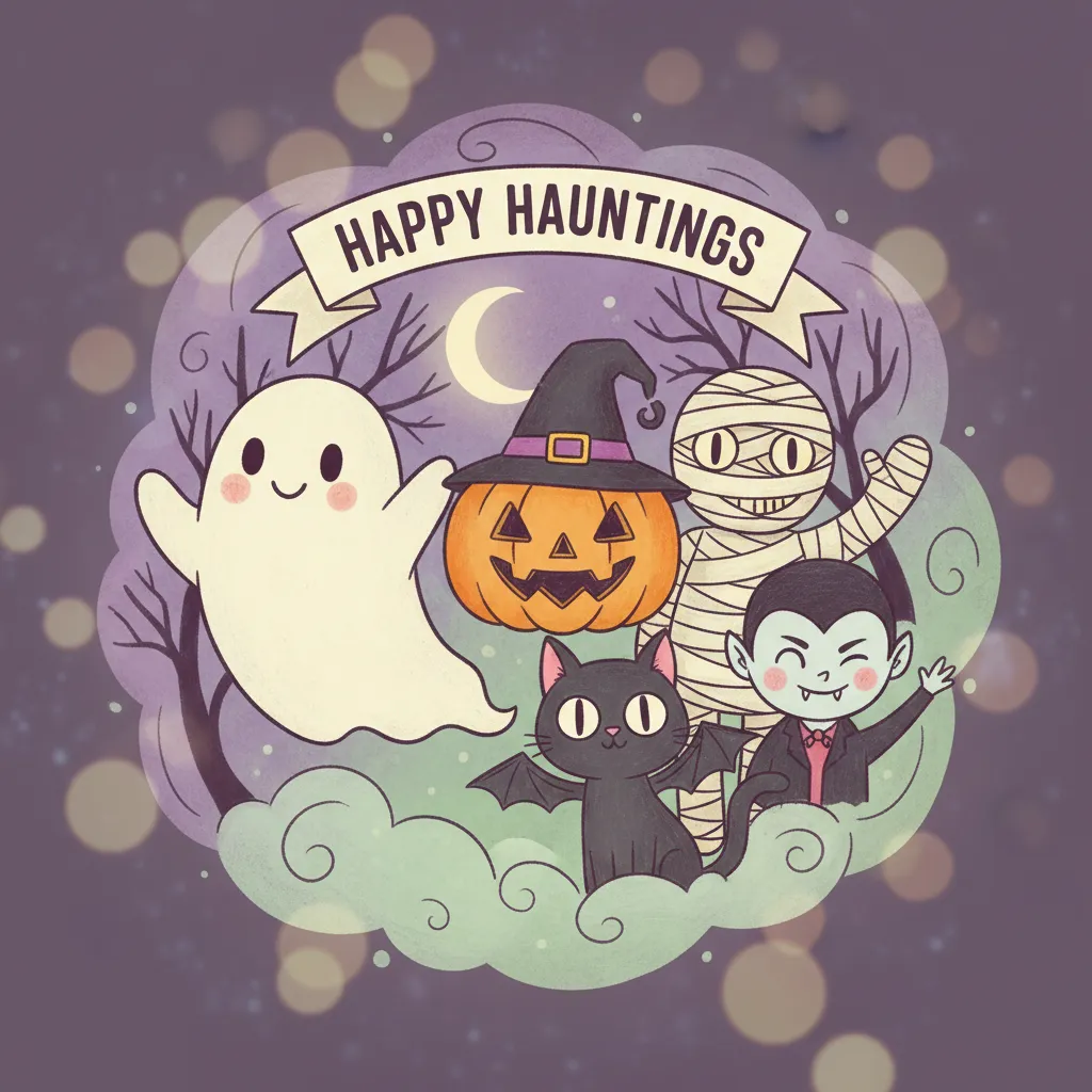 halloween card featuring cute halloween characters and the words happy haunting.