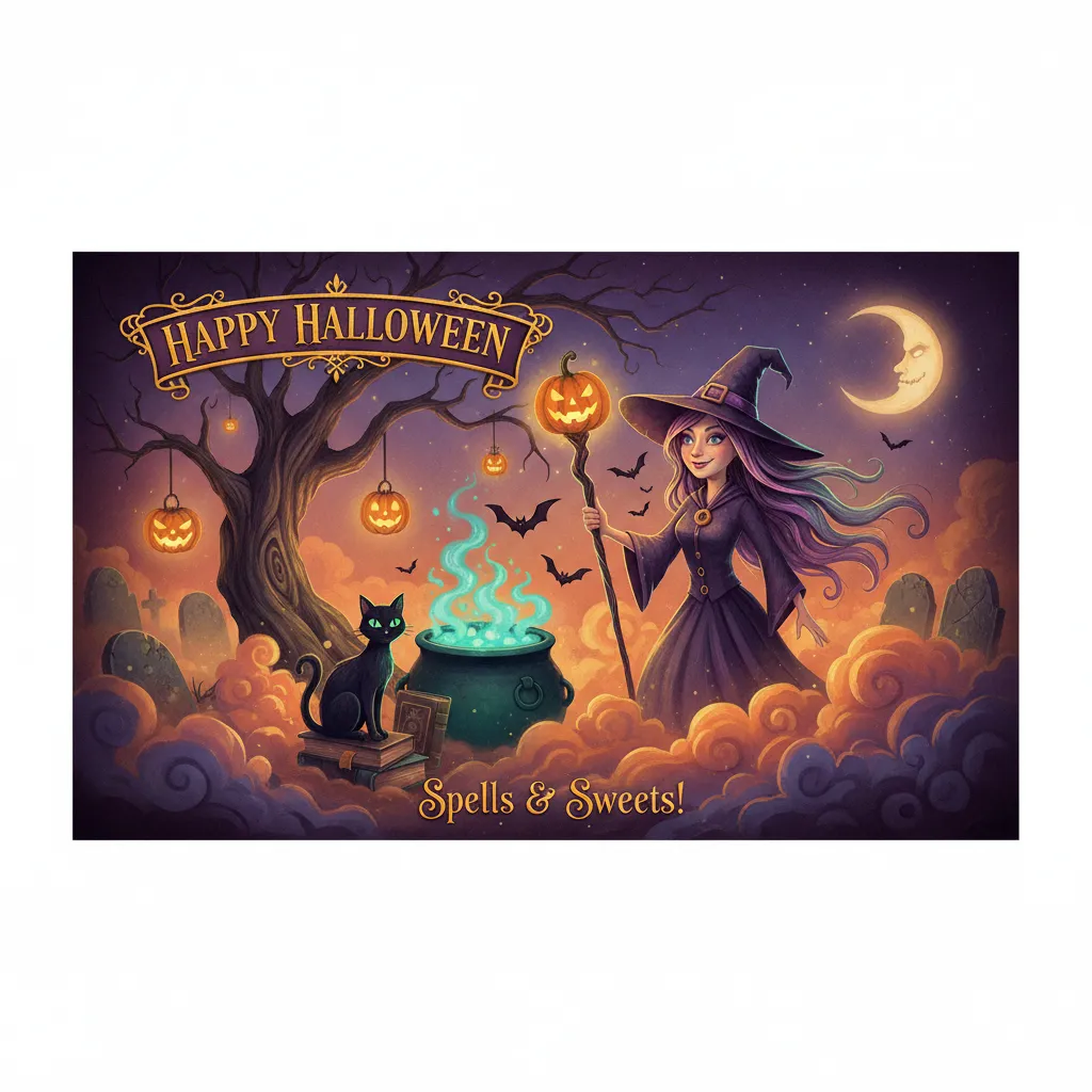 halloween card featuring a witch and the words happy halloween spells and sweets