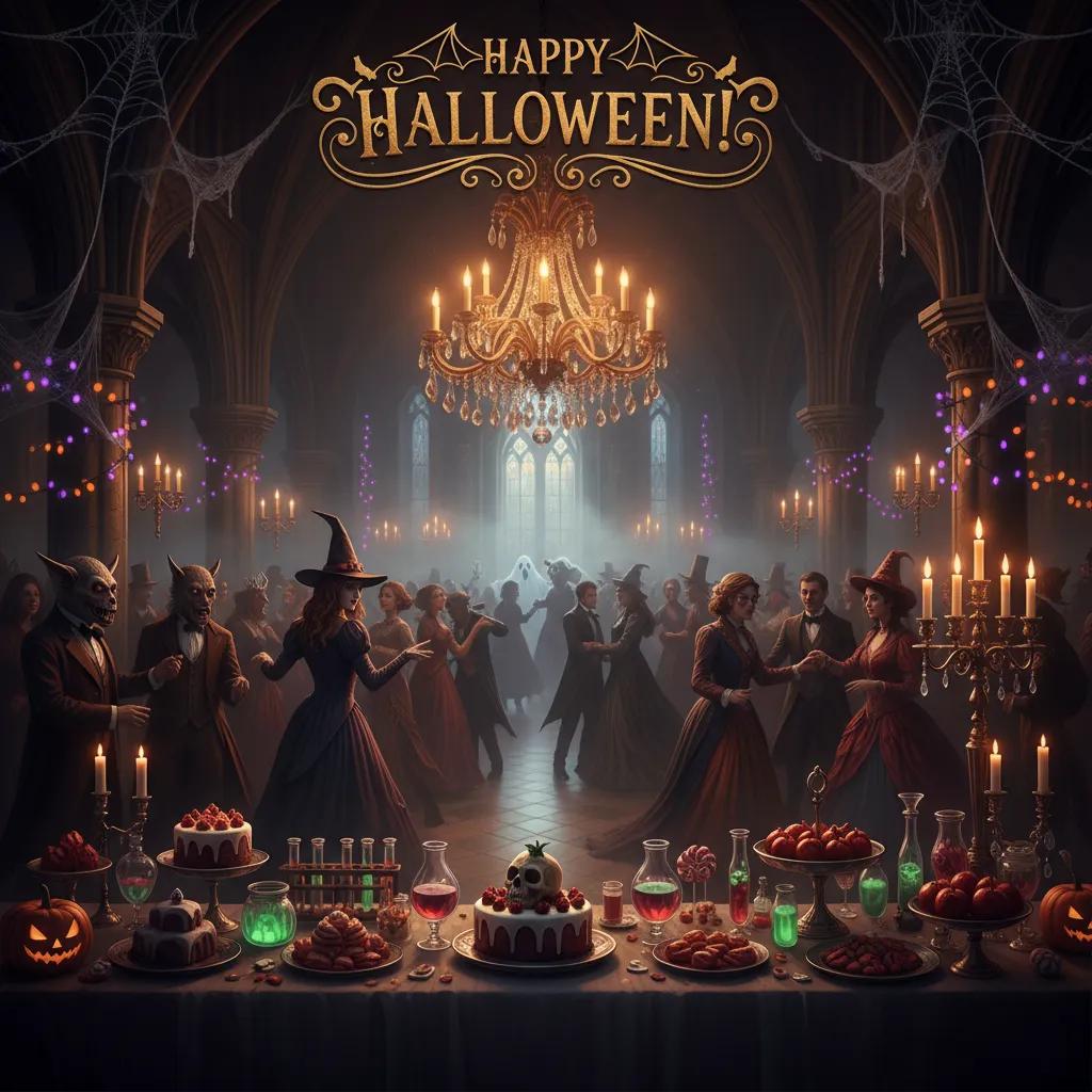 halloween card featuring a haunted party and the words happy halloween.