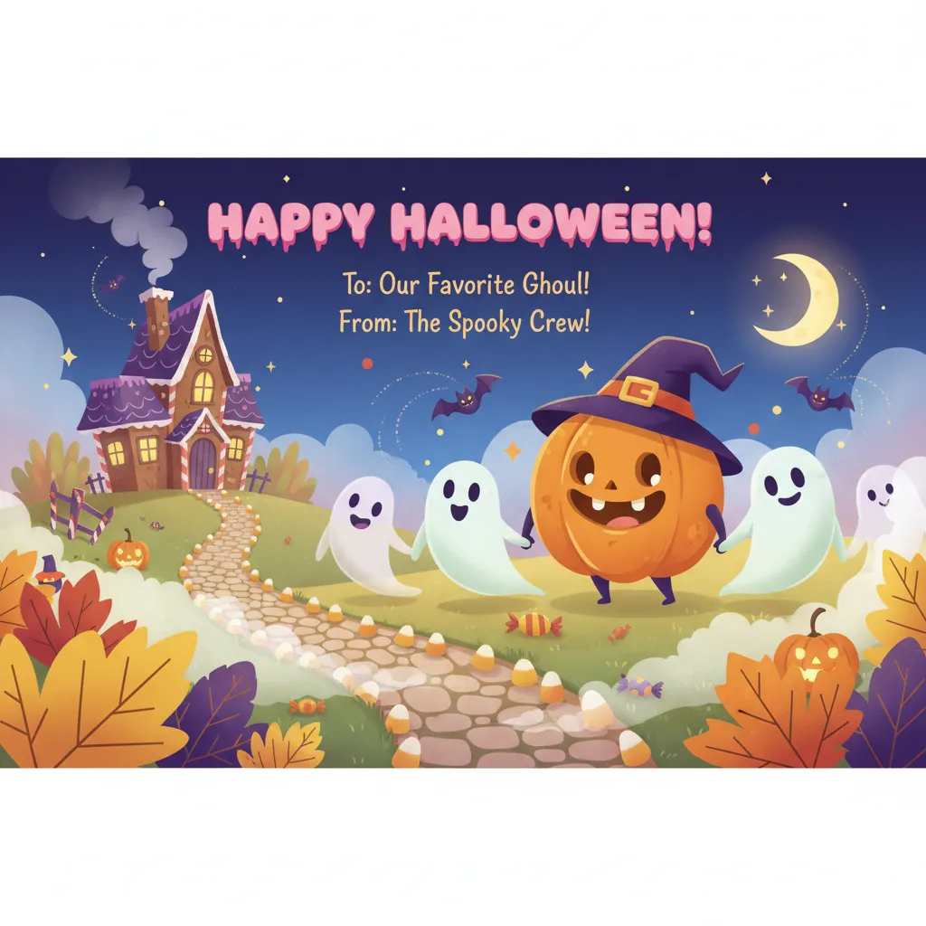 halloween card for kids that depicts jack o lanterns, cute ghosts, with a haunted house in the background and the words happy halloween