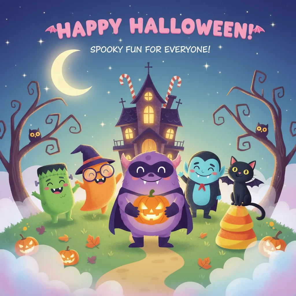 halloween card for kids that depicts jack o lanterns, cute ghosts, and a other spooky characters with a haunted house in the background and the words happy halloween spooky fun for everyone