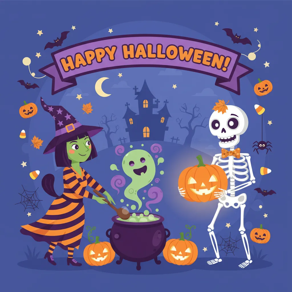halloween card for kids that depicts jack o lanterns, witches, and a other spooky characters with a haunted house in the background and the words happy halloween.