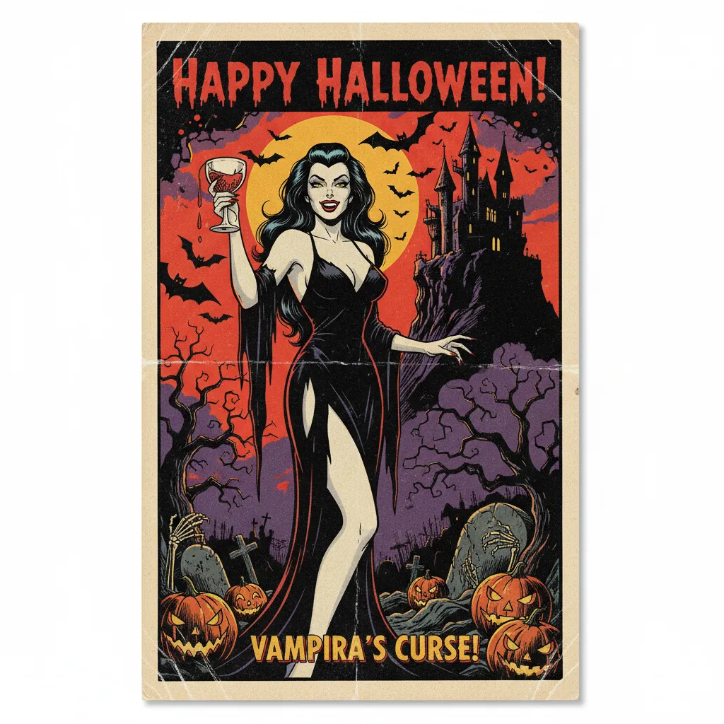 pulp themed halloween card depicting a retro she vampire with the words happy halloween vampira's curse