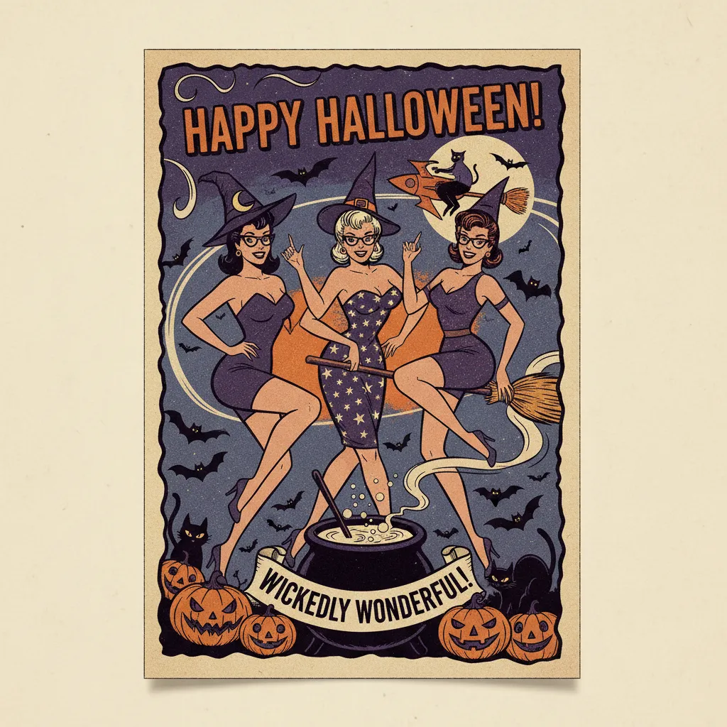 pulp themed halloween card depicting retro style women in a witchy scene with the wordshappy halloween wickedly wonderful.