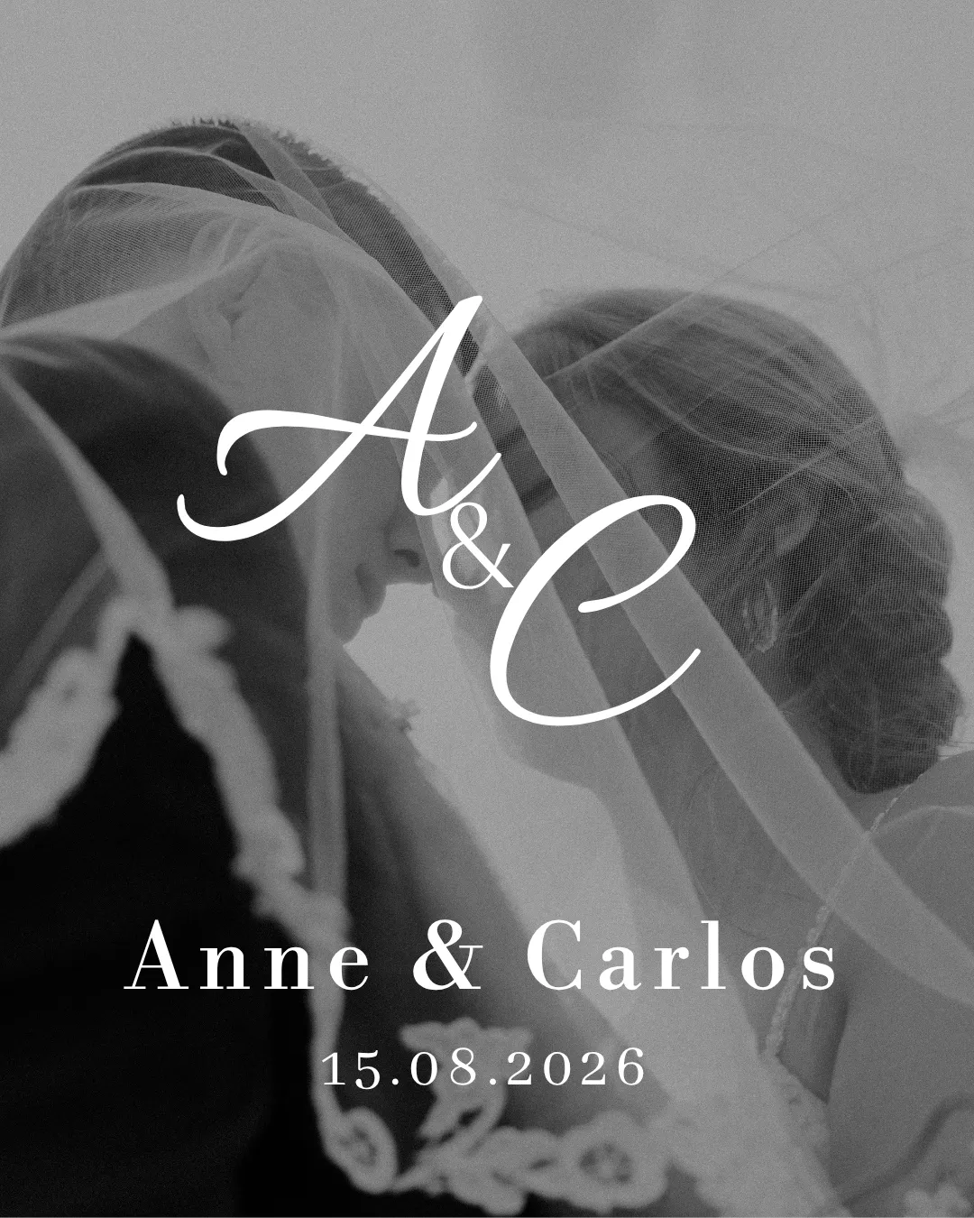 minimalist save the date card template for social media of a couple sharing a moment under the brides veil