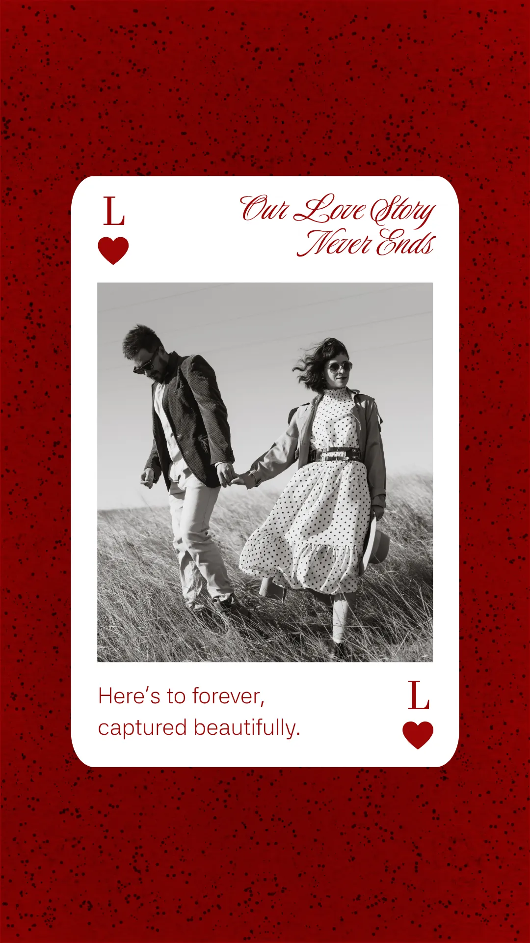 minimalist save the date card template for social media with a suit of hearts card and a photo of the couple