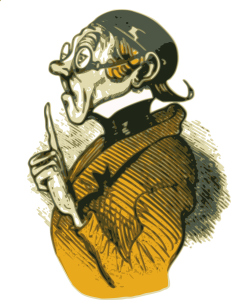 Cartoon drawing of an exaggeratedly stern teacher in period dress from the 1800s. He's standing in profile with his forefinger raised in the air.